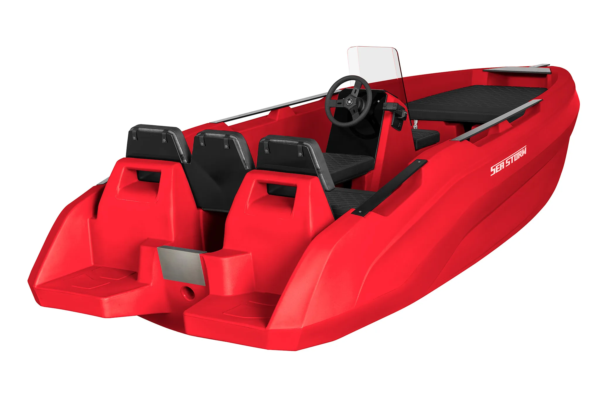 SeaStorm 14 Konsolenboot aus HDPE mit Mercury-Außenborder auf dem Wasser