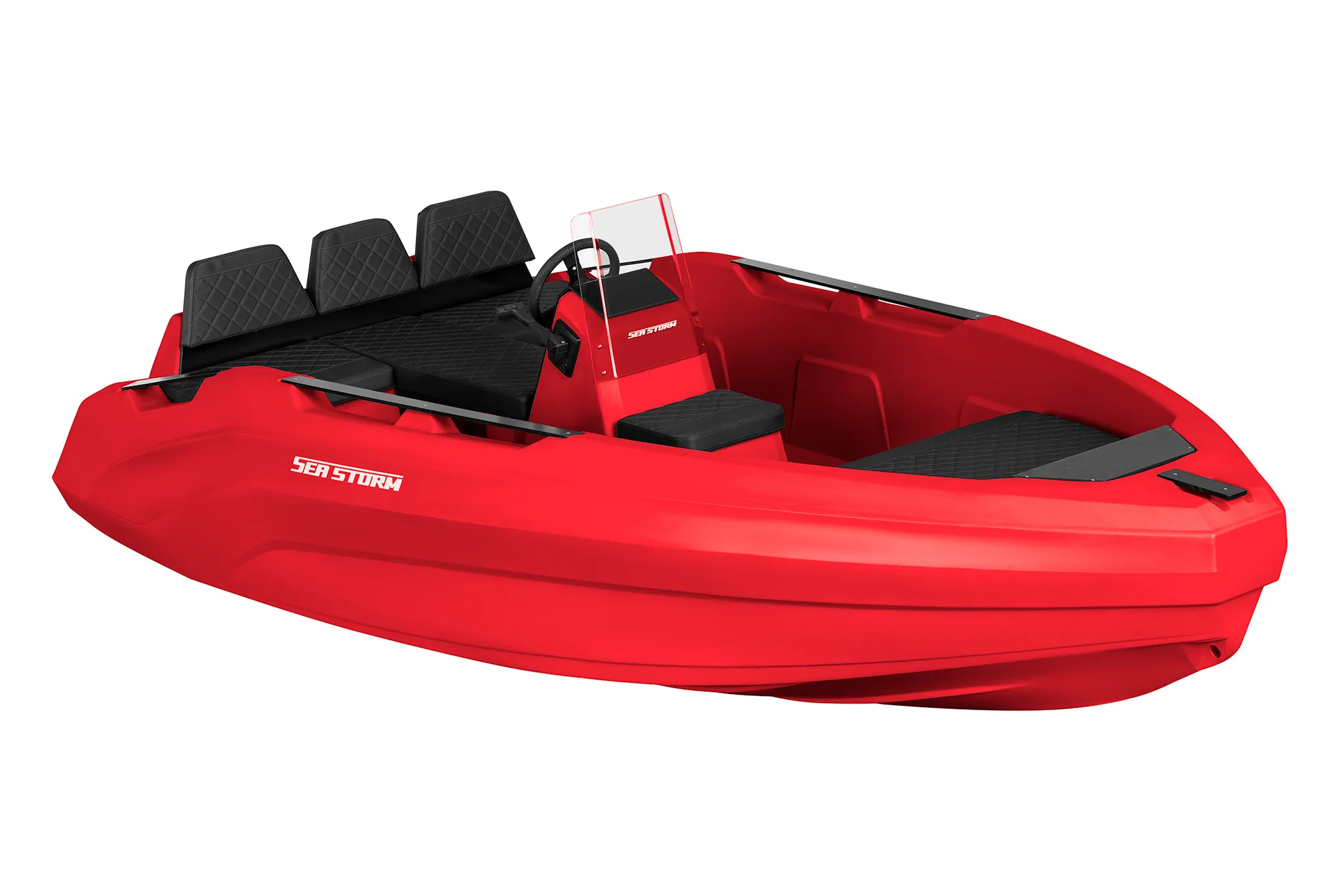 SeaStorm 14 aus rotem HDPE mit freiem Deck, Steuerkonsole und umlaufender Reling